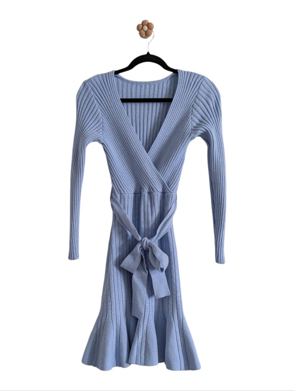 Light Blue Wrap Rib-Knit Mini Ruffle Dress - Picture 4 of 6